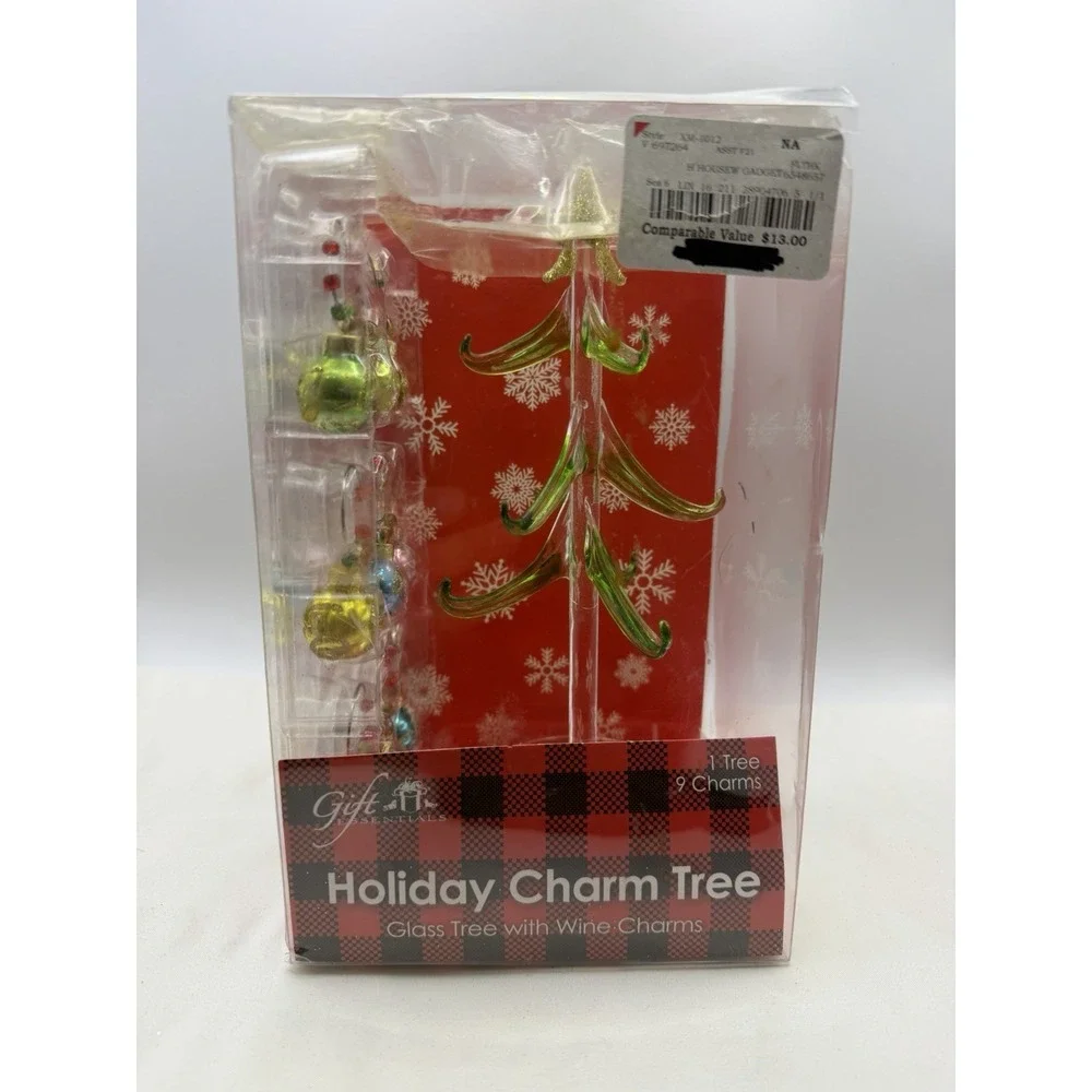 Gift Essentials Holiday Glass Tree with Beaded Glitter Ornament Wine Charms